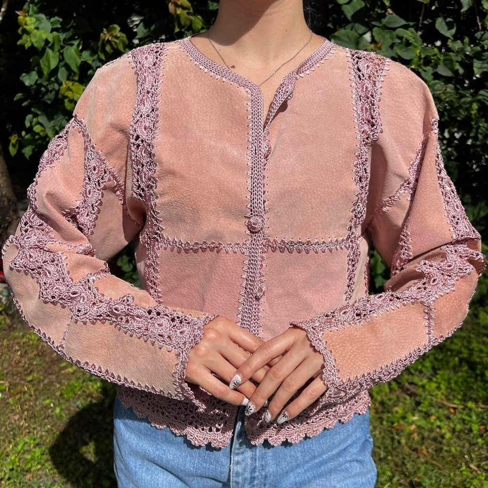 Vintage 1990 Pink Suede Leather Crochet Trim Jacket